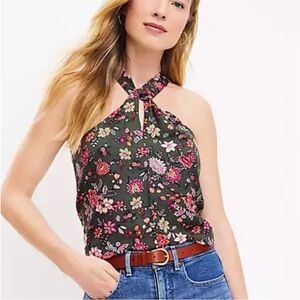 NWT Ann Taylor LOFT Linen Blend Floral Keyhole Halter Tank Top Green MP